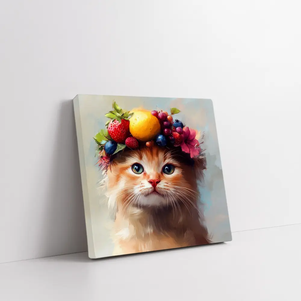Fluffy Kitten Wearing Colorful Fruit Crown – Wall Art