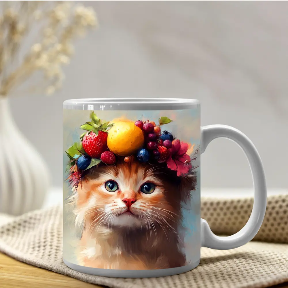 Fluffy Kitten Wearing Colorful Fruit Crown – Mugs