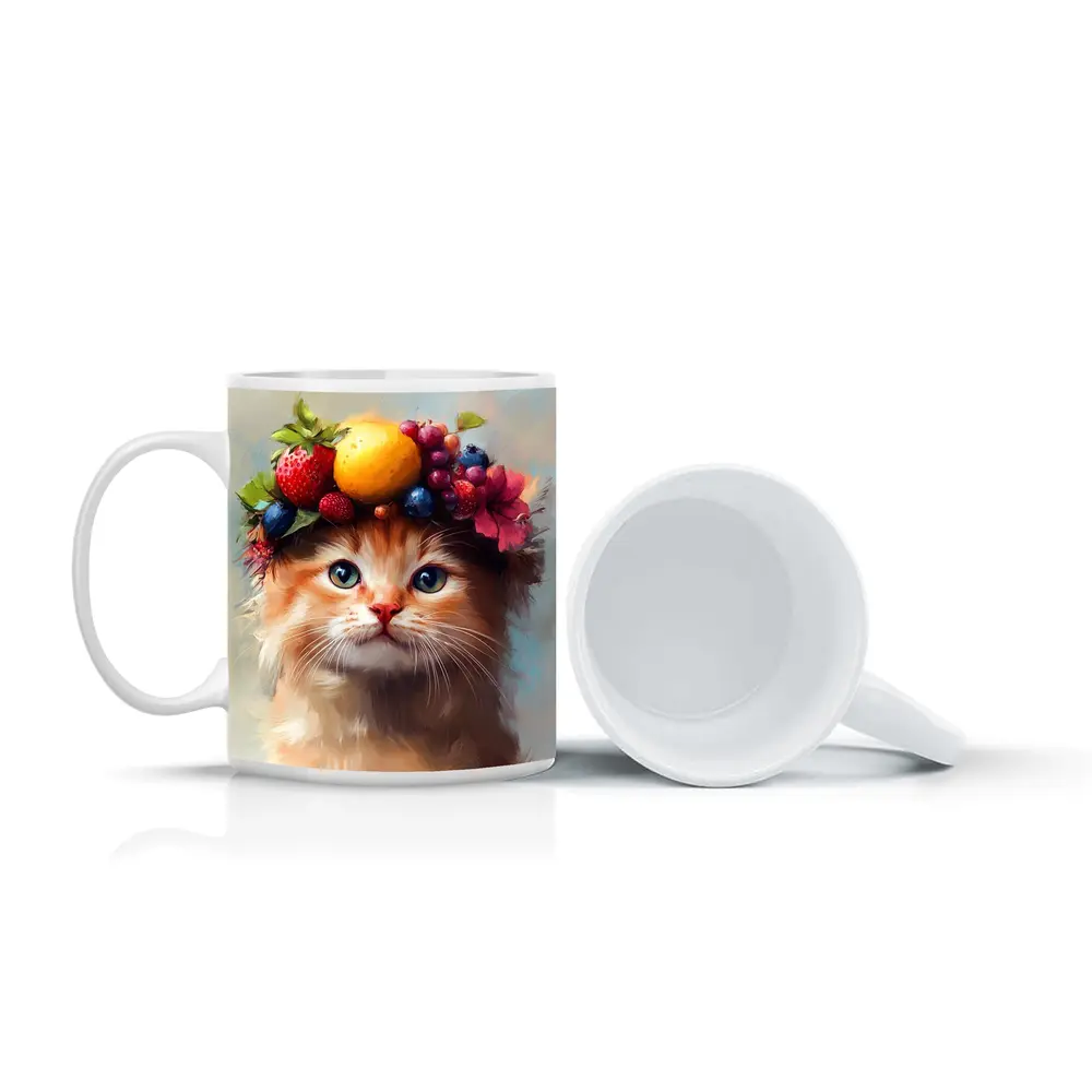 Fluffy Kitten Wearing Colorful Fruit Crown – Mugs