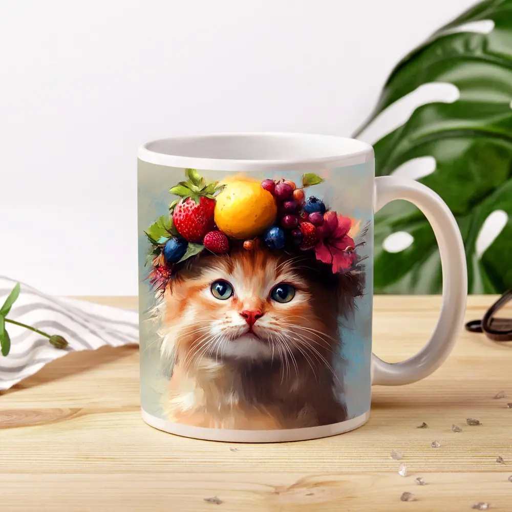 Fluffy Kitten Wearing Colorful Fruit Crown – Mugs