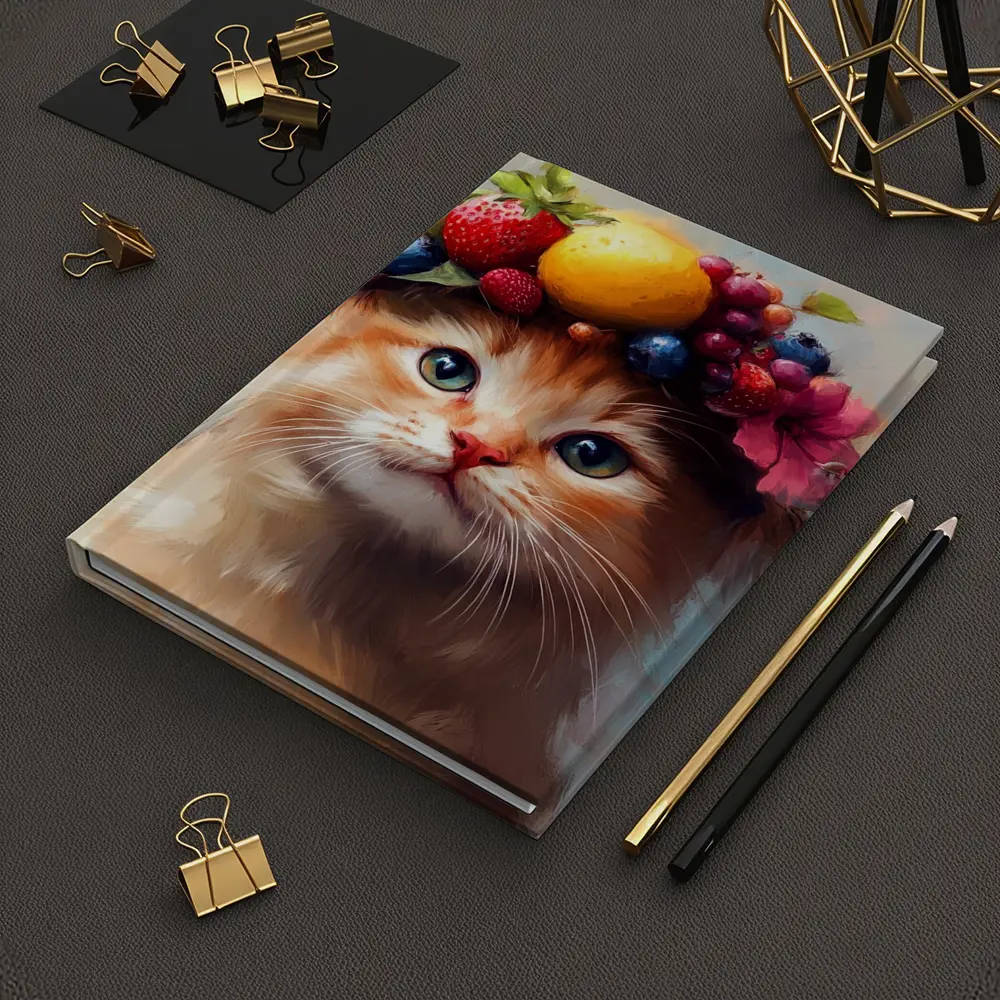 Fluffy Kitten Wearing Colorful Fruit Crown – Notebooks
