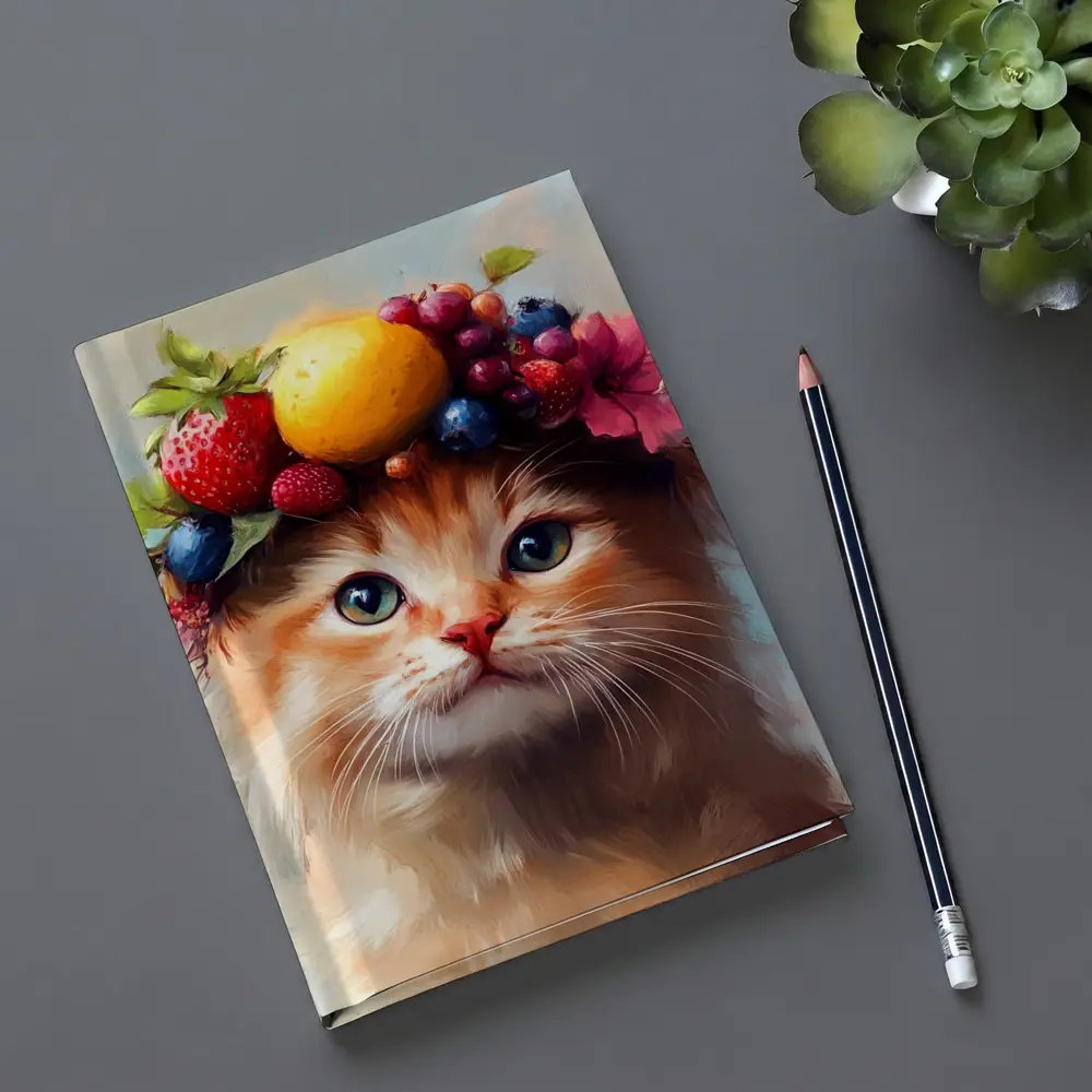 Fluffy Kitten Wearing Colorful Fruit Crown – Notebooks