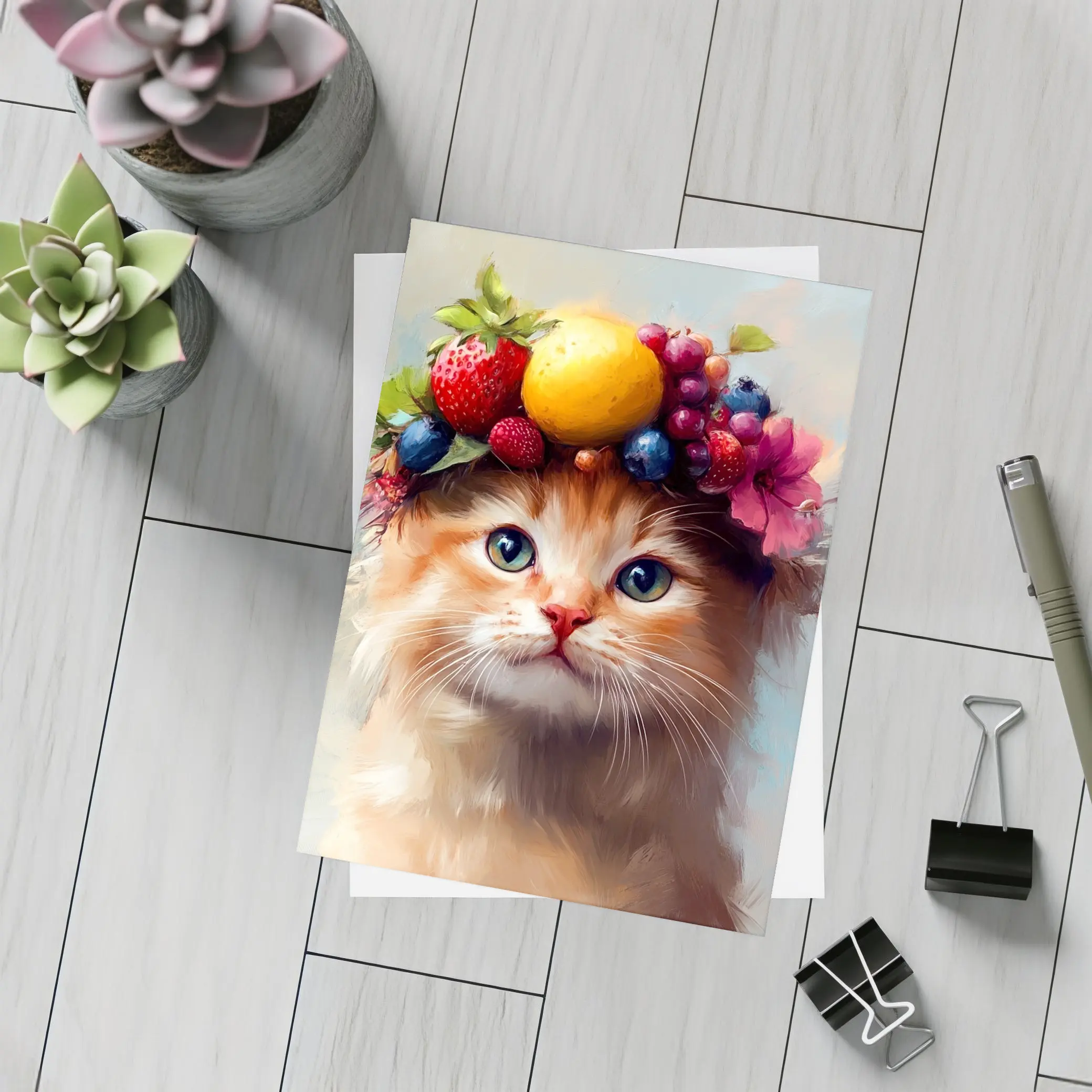 Fluffy Kitten Wearing Colorful Fruit Crown – Postcards