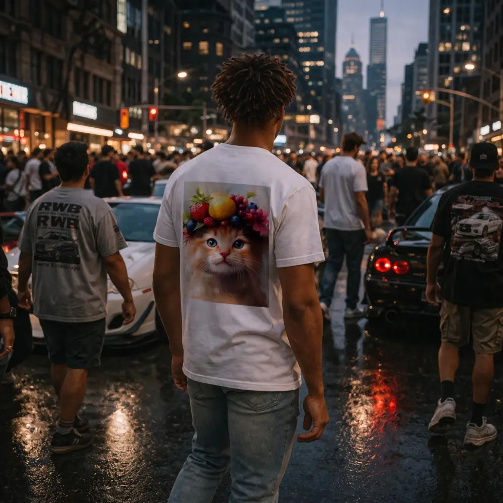 Fluffy Kitten Wearing Colorful Fruit Crown – T-Shirts
