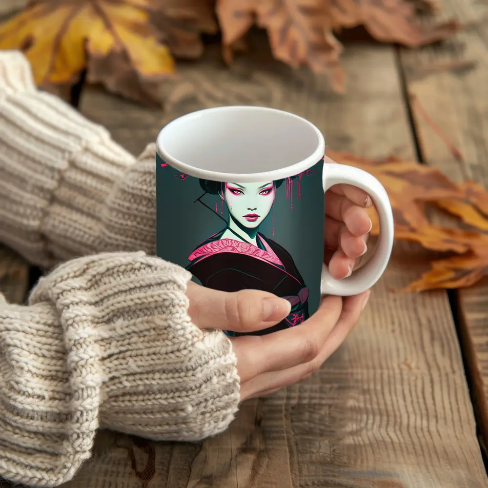 Dark Geisha Pink Ink Cyberpunk Art – Mugs