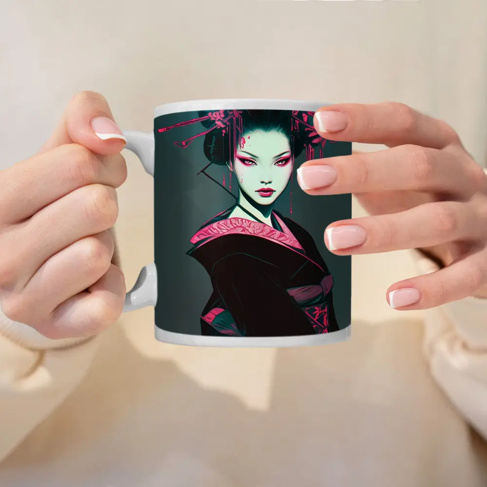 Dark Geisha Pink Ink Cyberpunk Art – Mugs