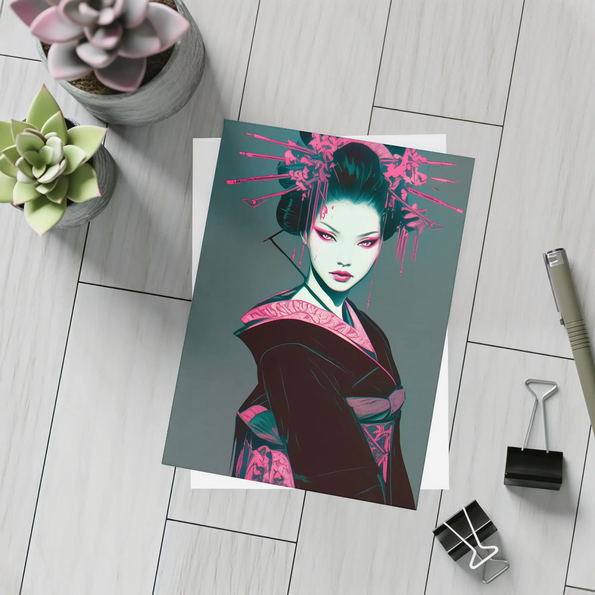 Dark Geisha Pink Ink Cyberpunk Art – Postcards