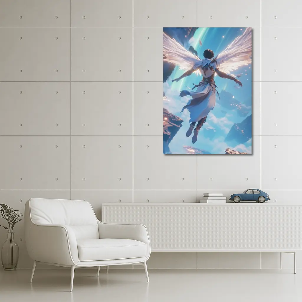 Anime Angel Flying Through Glowing Sky – Wall Art