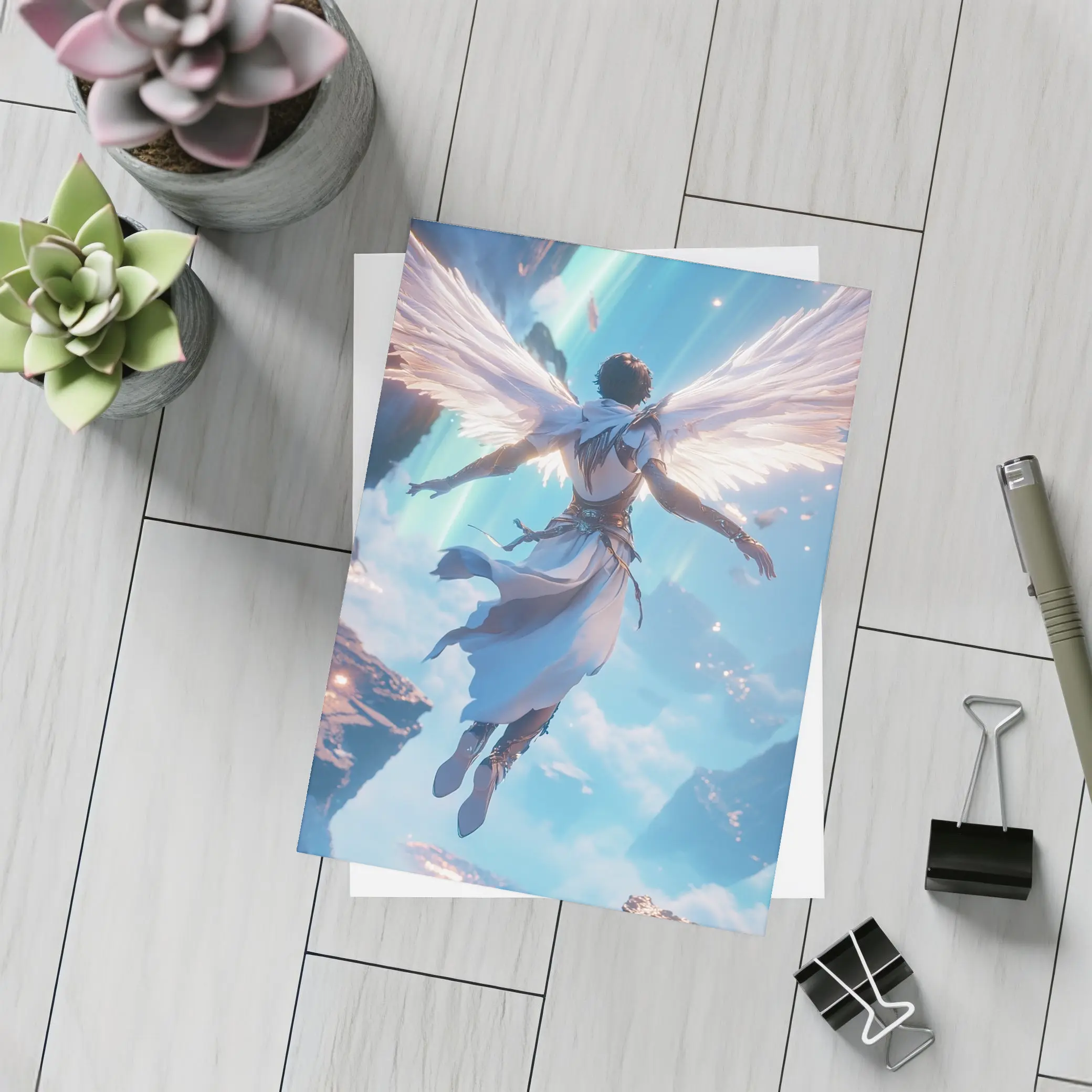 Anime Angel Flying Through Glowing Sky – Postcards