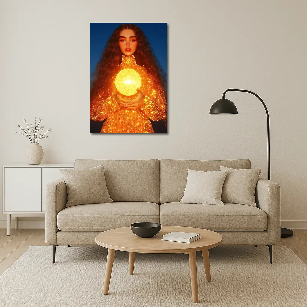 Woman Holding Glowing Golden Orb Night – Wall Art