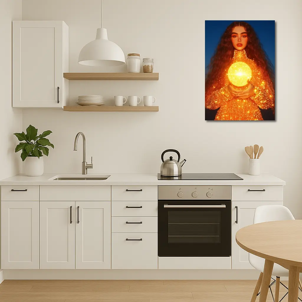 Woman Holding Glowing Golden Orb Night – Wall Art