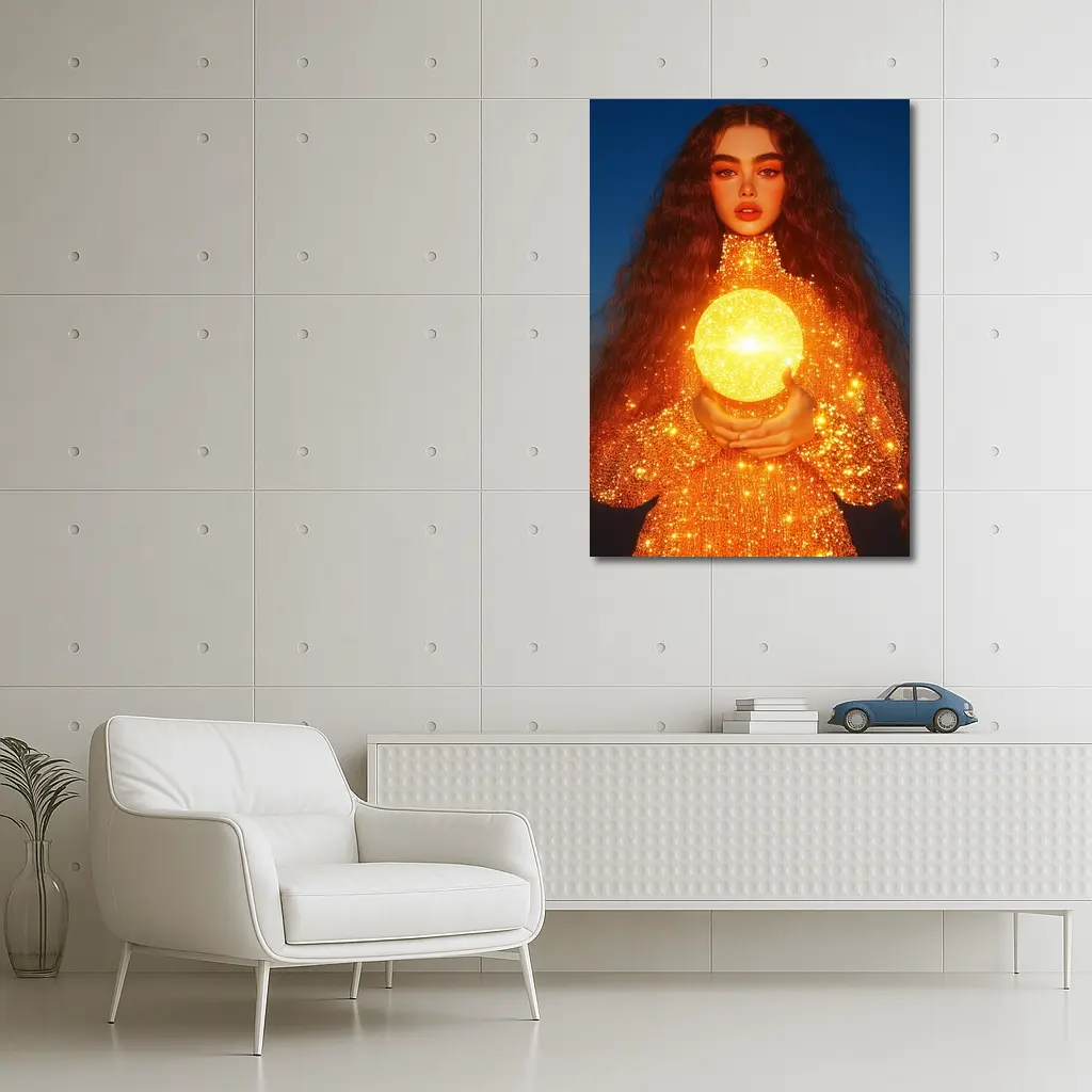 Woman Holding Glowing Golden Orb Night – Wall Art