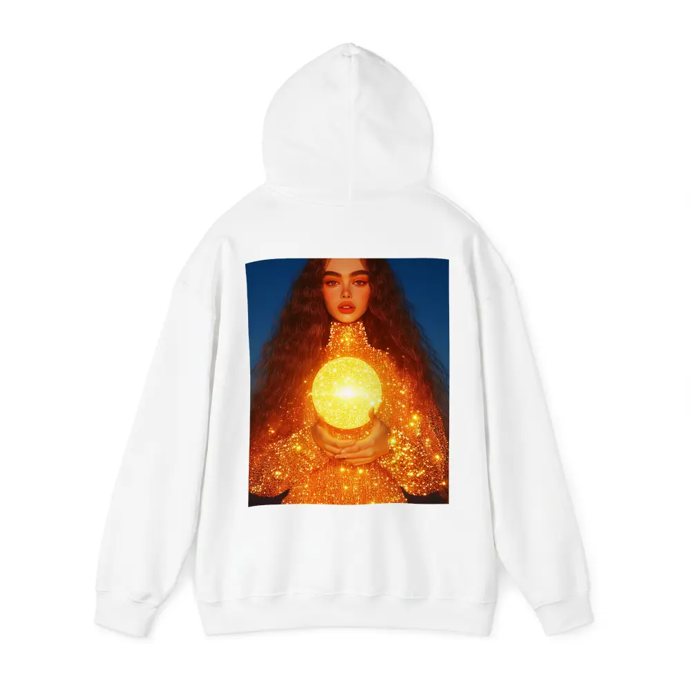 Woman Holding Glowing Golden Orb Night – Hoodies