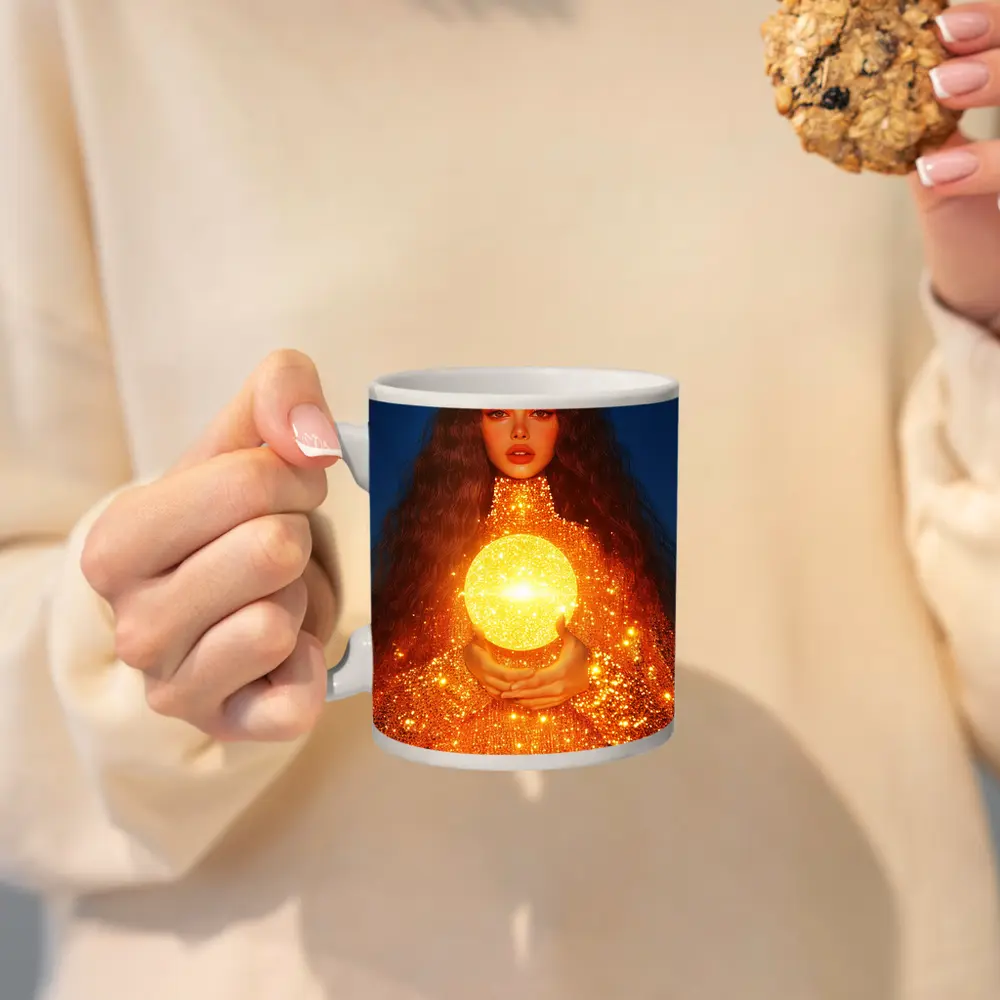 Woman Holding Glowing Golden Orb Night – Mugs