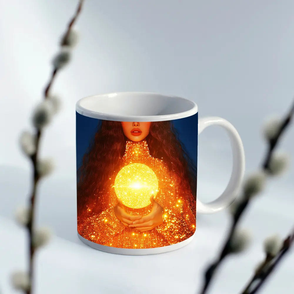 Woman Holding Glowing Golden Orb Night – Mugs