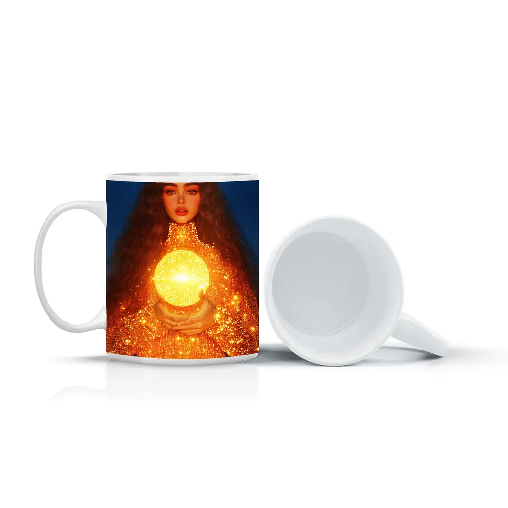 Woman Holding Glowing Golden Orb Night – Mugs