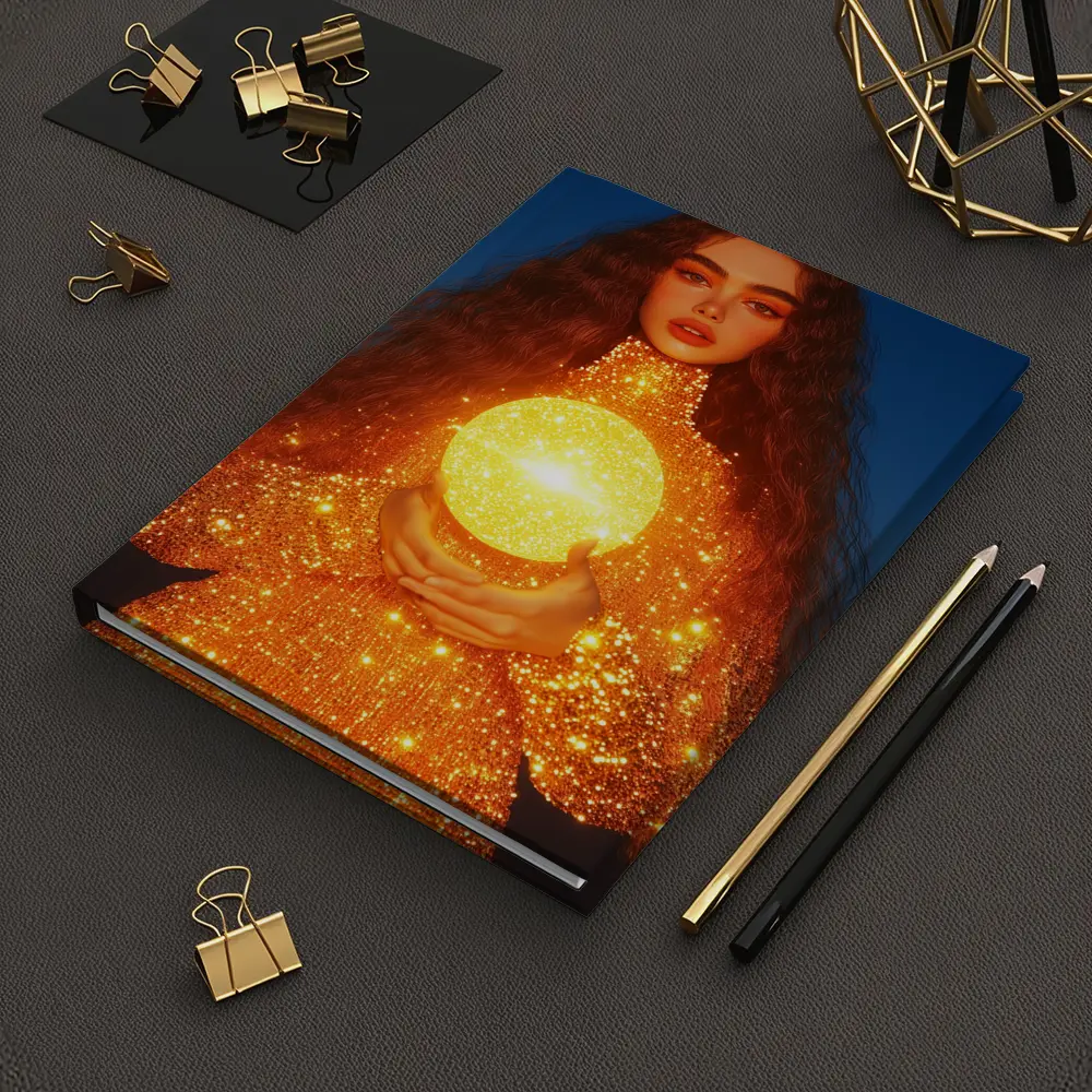Woman Holding Glowing Golden Orb Night – Notebooks