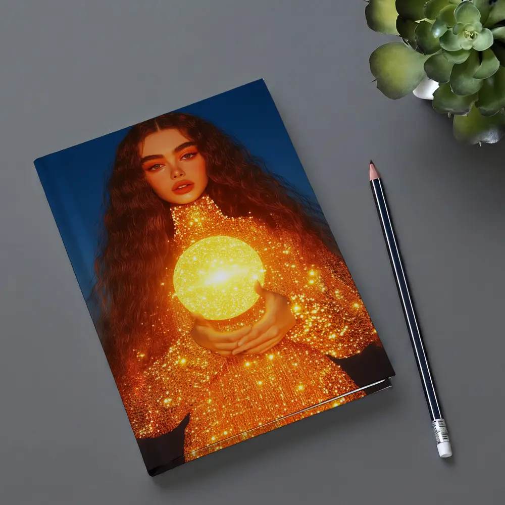 Woman Holding Glowing Golden Orb Night – Notebooks