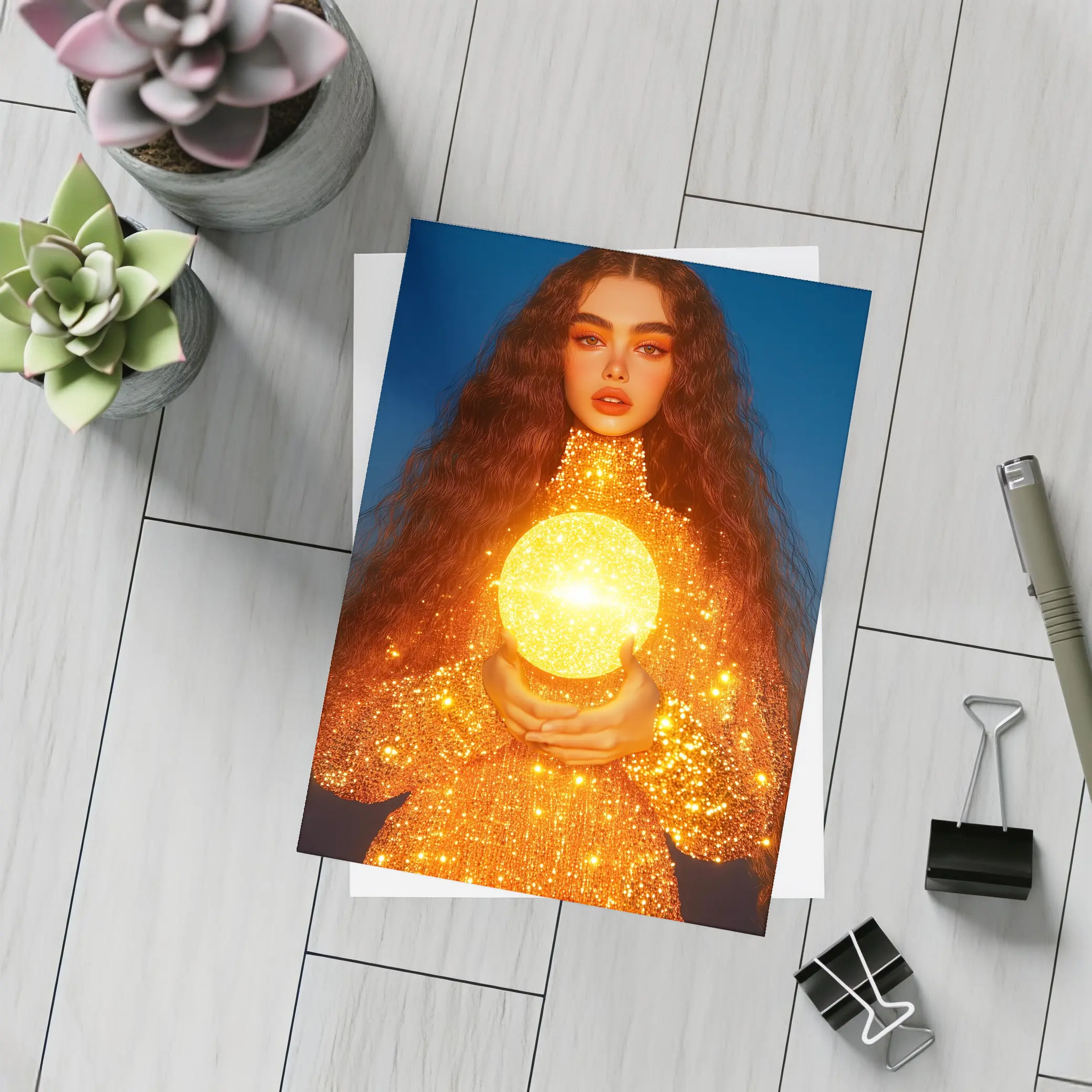 Woman Holding Glowing Golden Orb Night – Postcards