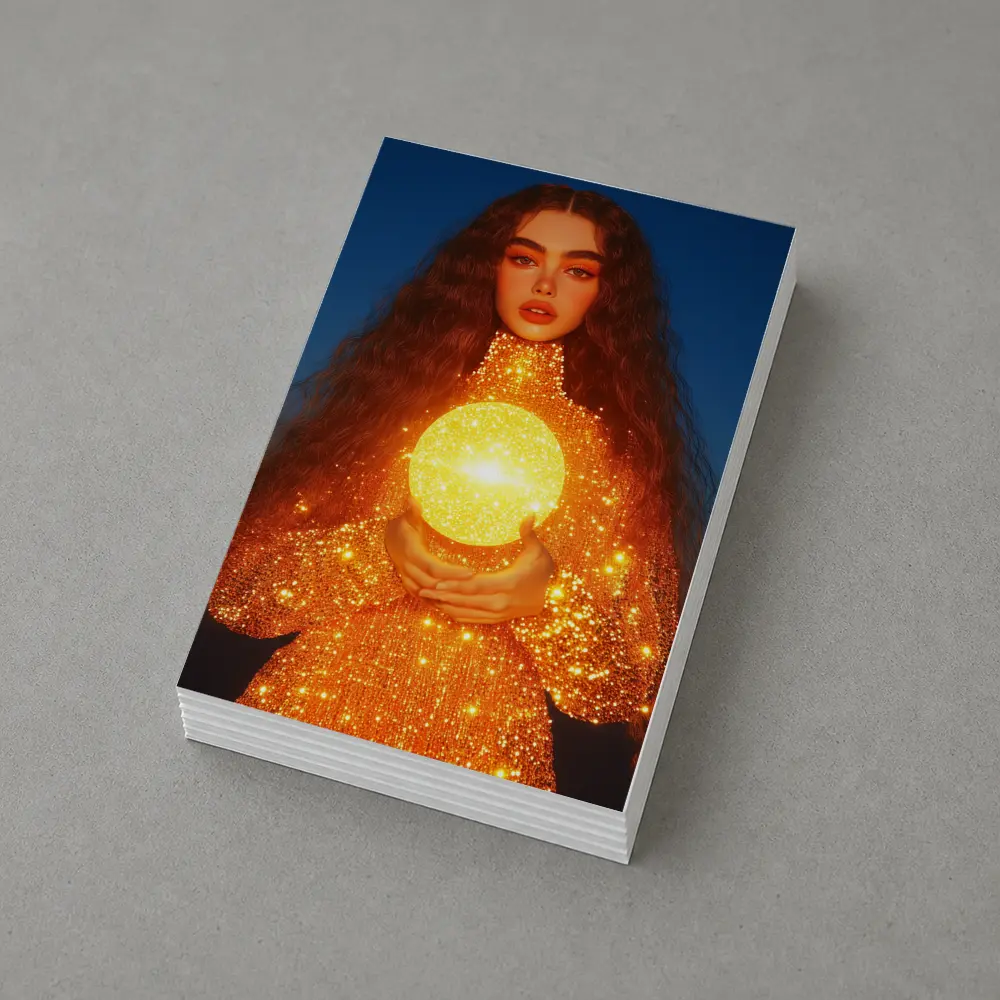 Woman Holding Glowing Golden Orb Night – Postcards