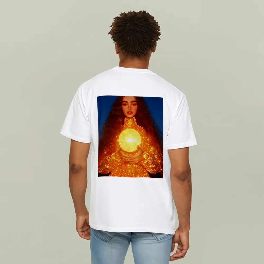 Woman Holding Glowing Golden Orb Night – T-Shirts