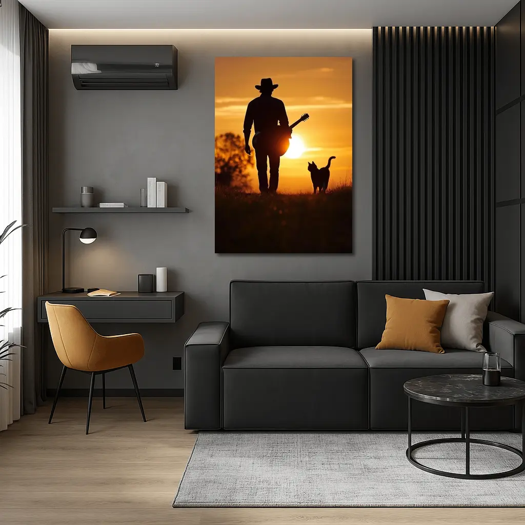 Cowboy Silhouette Guitar Cat Sunset Field – Wall Art