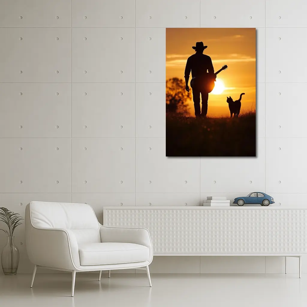 Cowboy Silhouette Guitar Cat Sunset Field – Wall Art