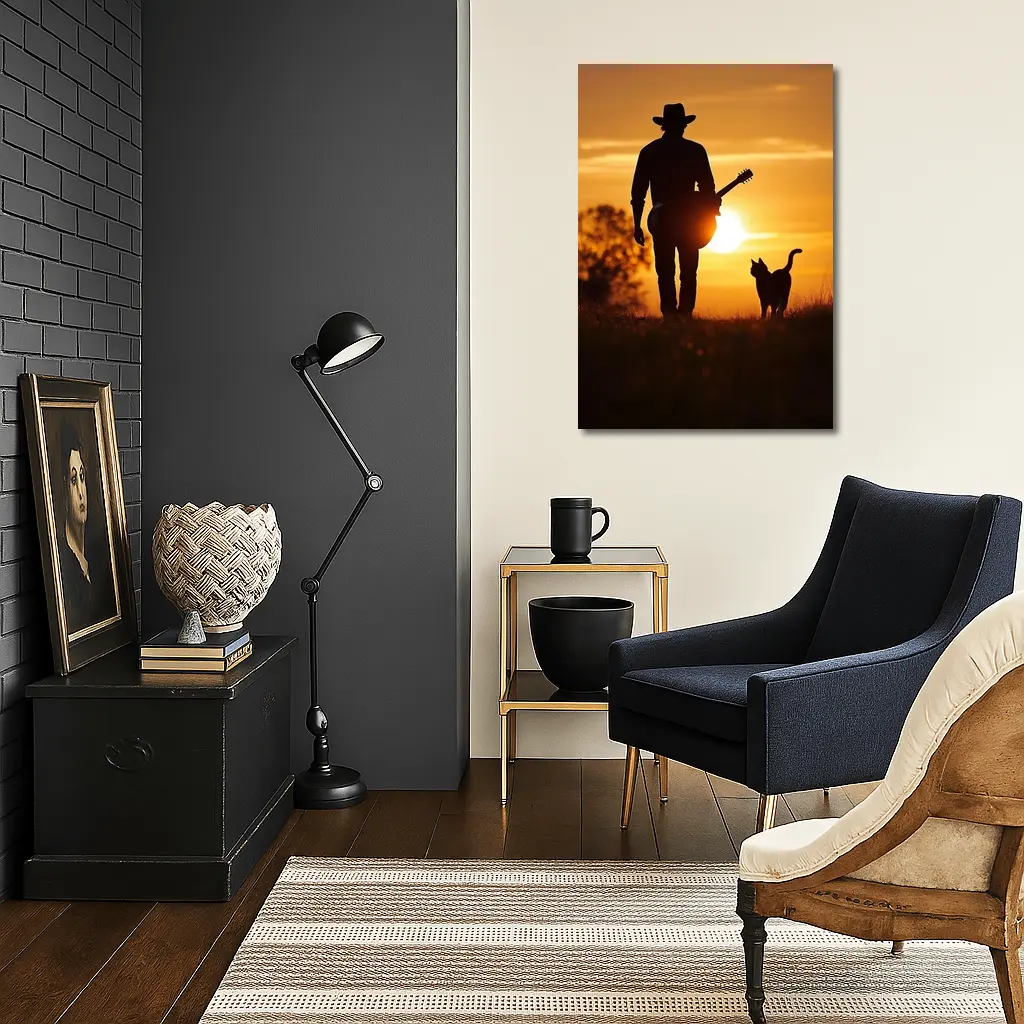 Cowboy Silhouette Guitar Cat Sunset Field – Wall Art