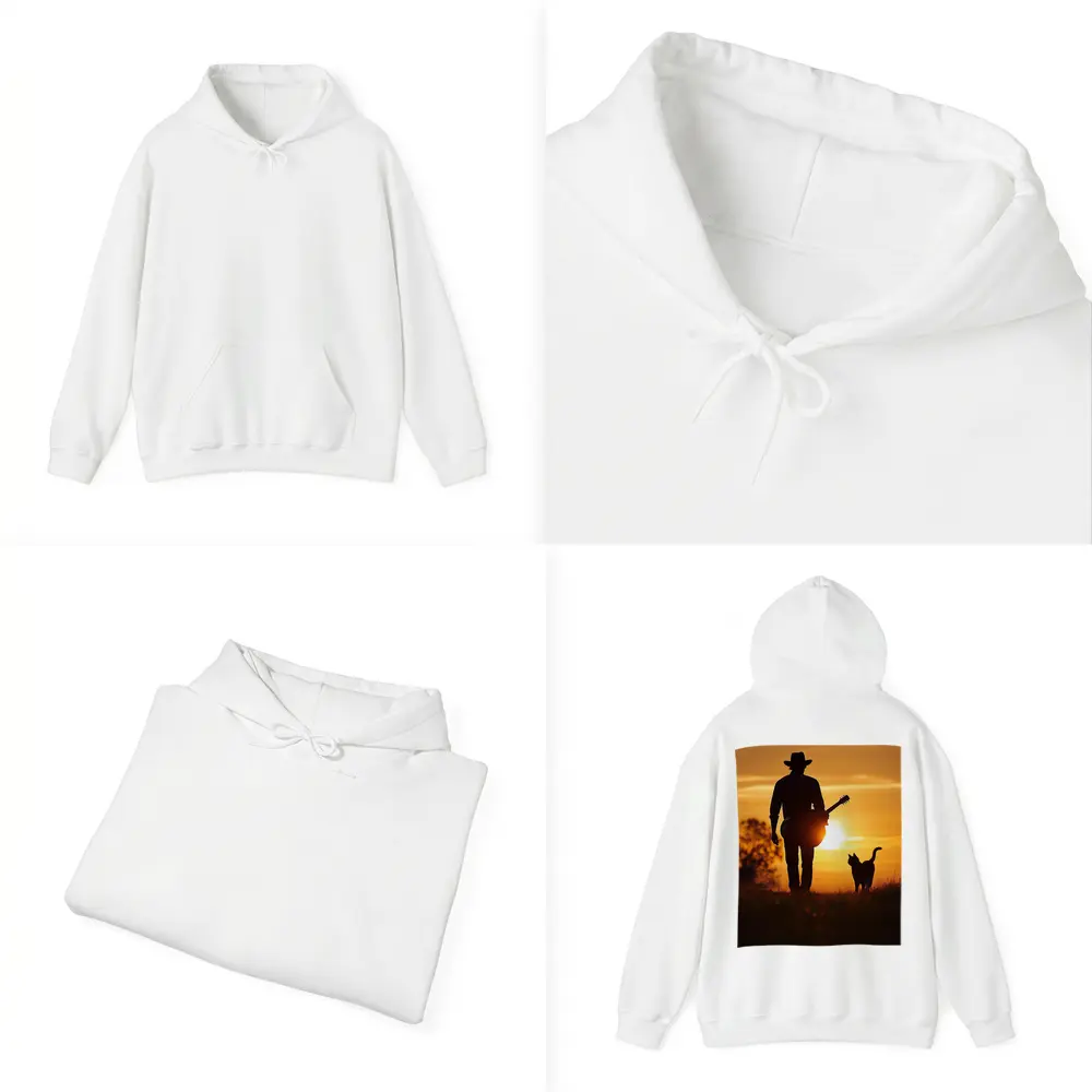 Cowboy Silhouette Guitar Cat Sunset Field – Hoodies