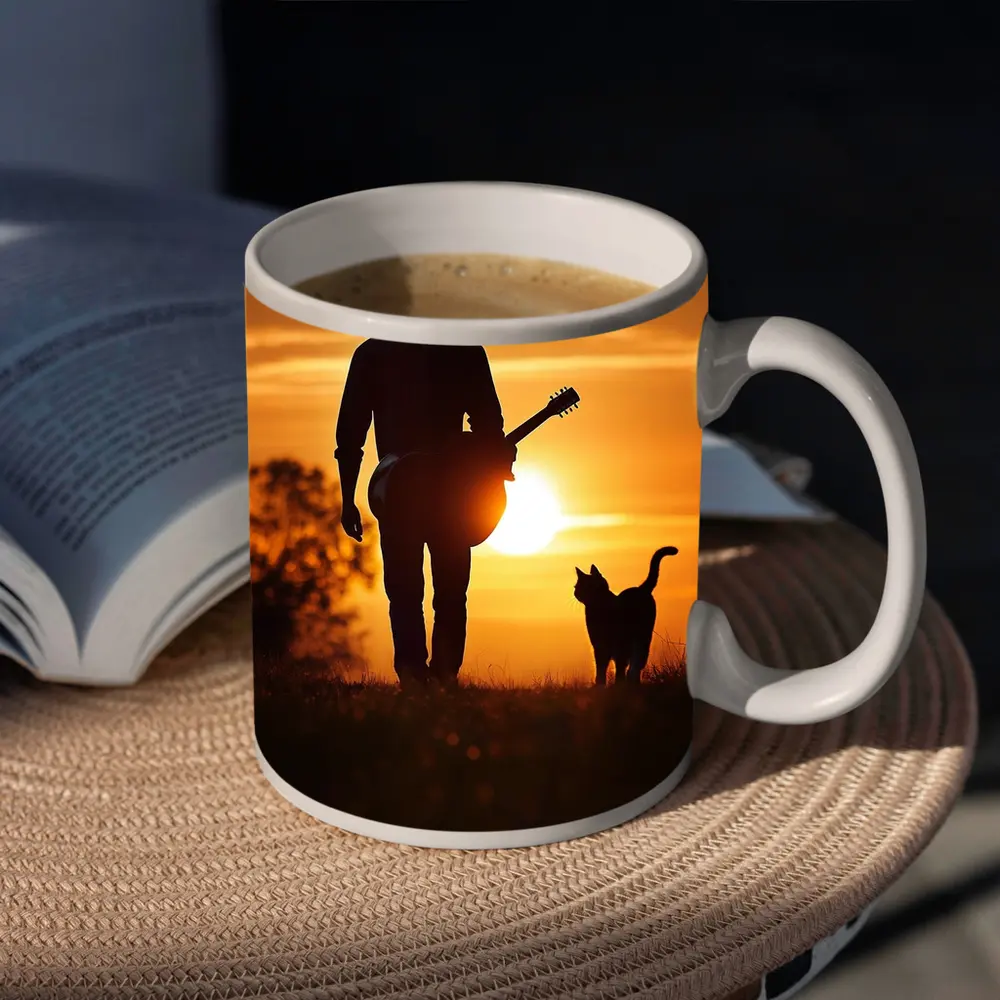 Cowboy Silhouette Guitar Cat Sunset Field – Mugs