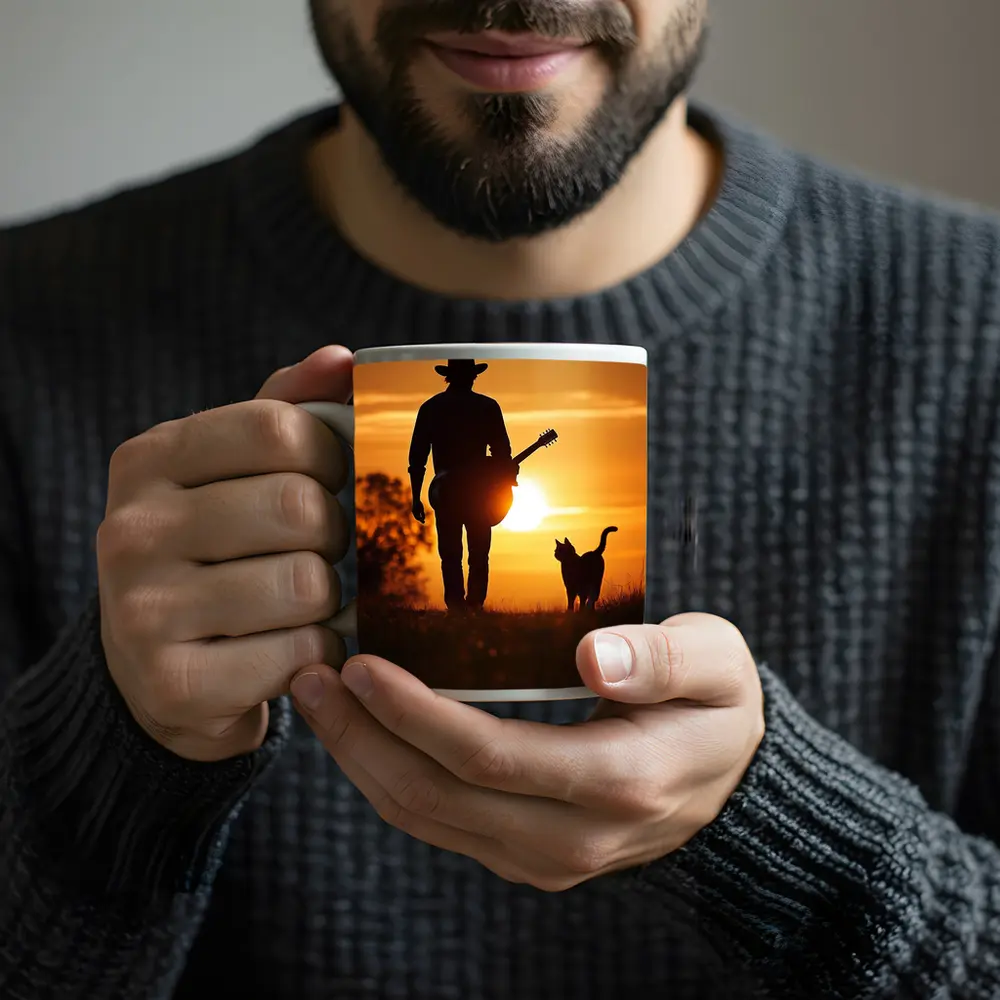 Cowboy Silhouette Guitar Cat Sunset Field – Mugs