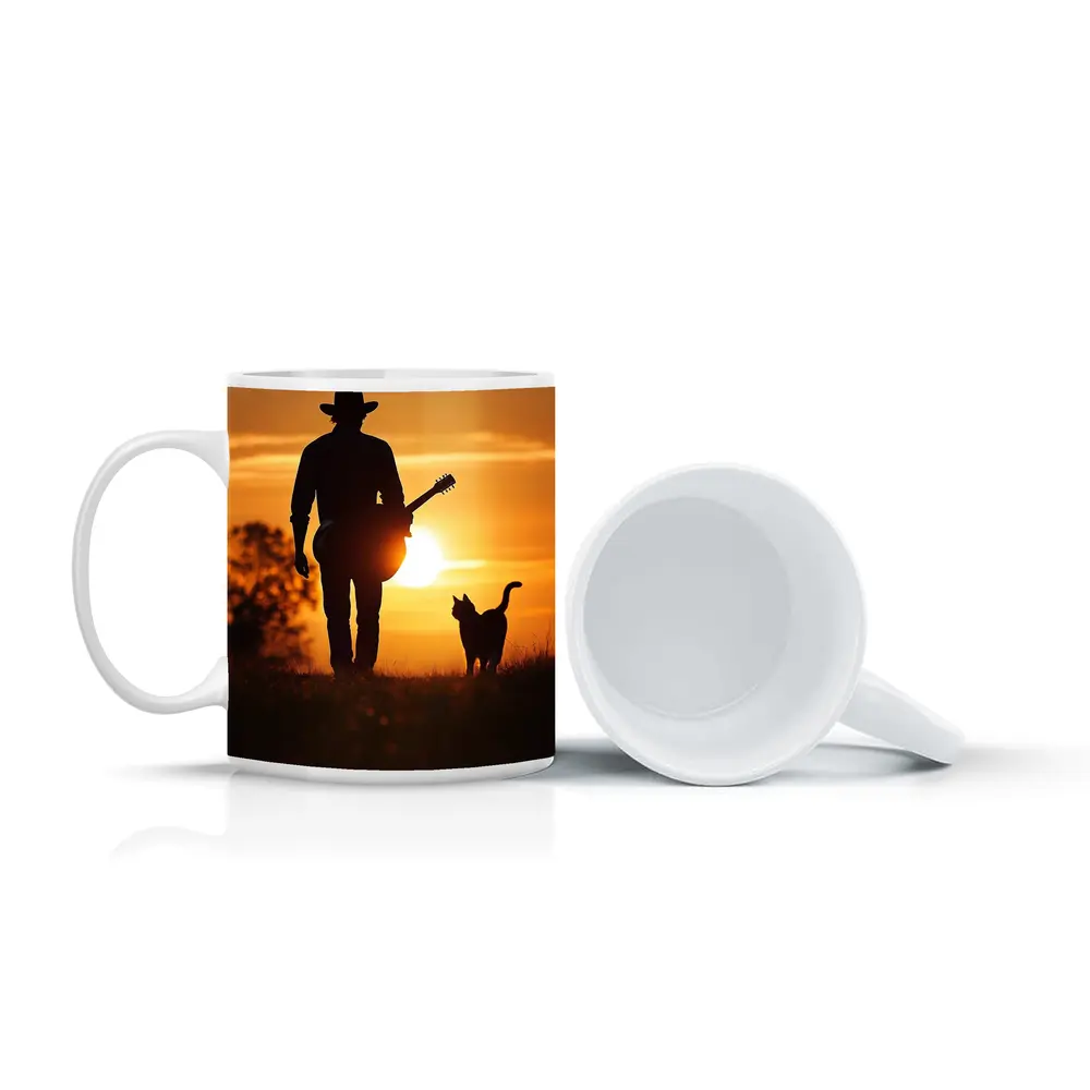 Cowboy Silhouette Guitar Cat Sunset Field – Mugs