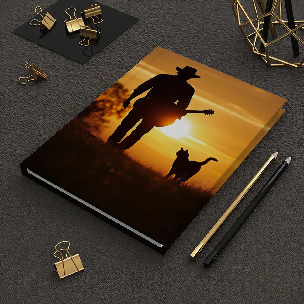Cowboy Silhouette Guitar Cat Sunset Field – Notebooks