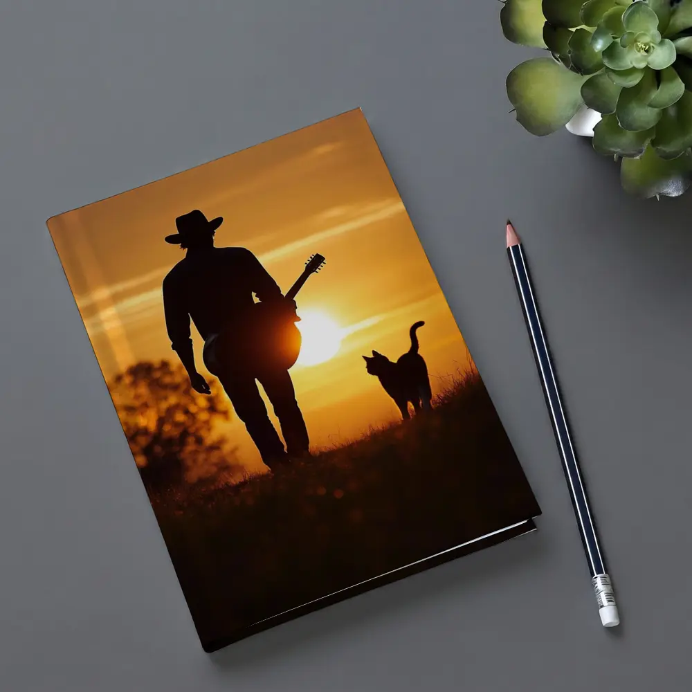 Cowboy Silhouette Guitar Cat Sunset Field – Notebooks