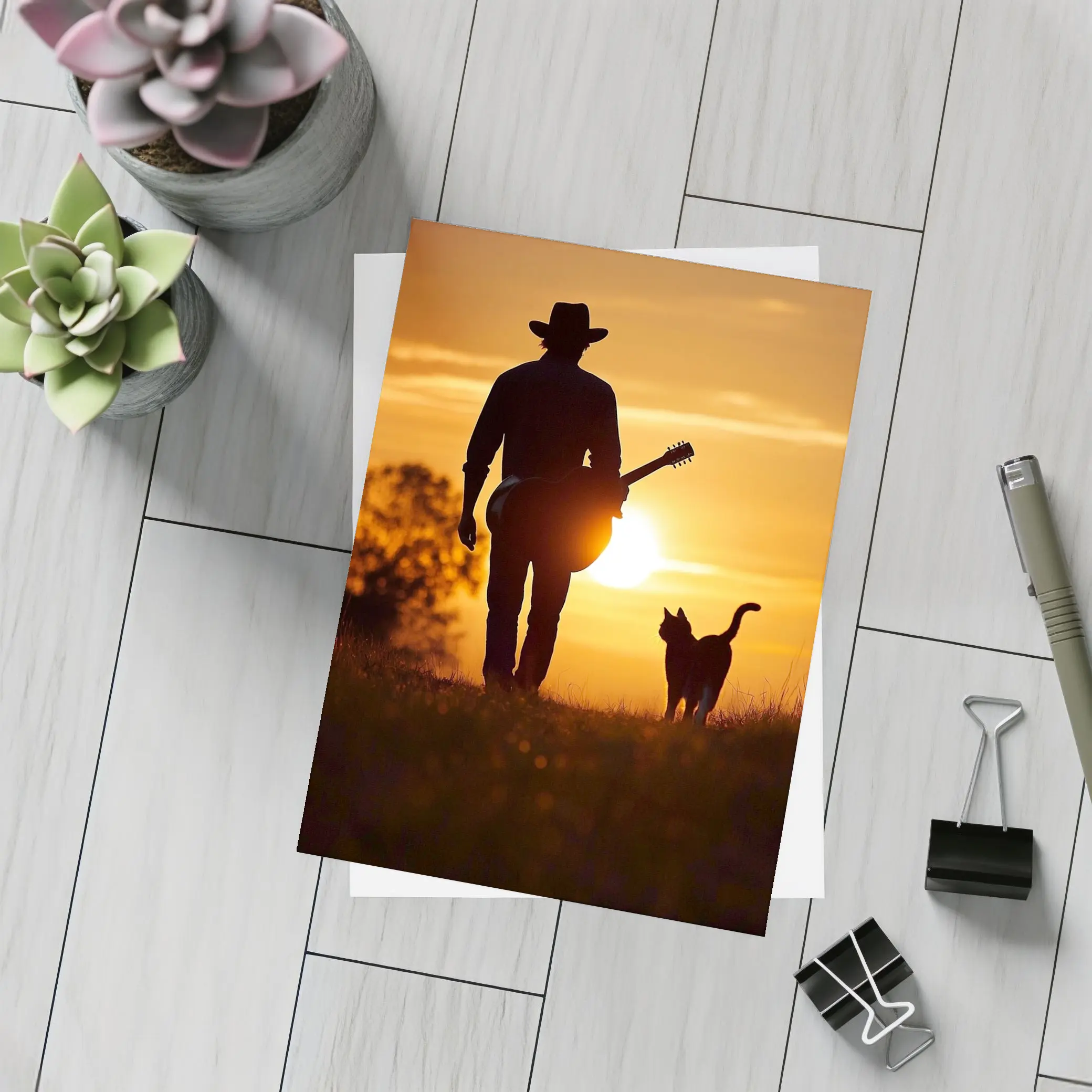 Cowboy Silhouette Guitar Cat Sunset Field – Postcards