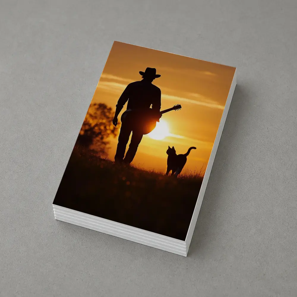 Cowboy Silhouette Guitar Cat Sunset Field – Postcards