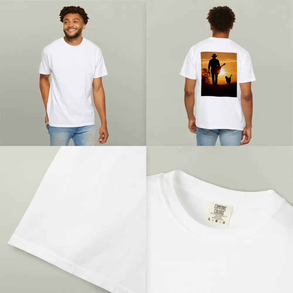 Cowboy Silhouette Guitar Cat Sunset Field – T-Shirts