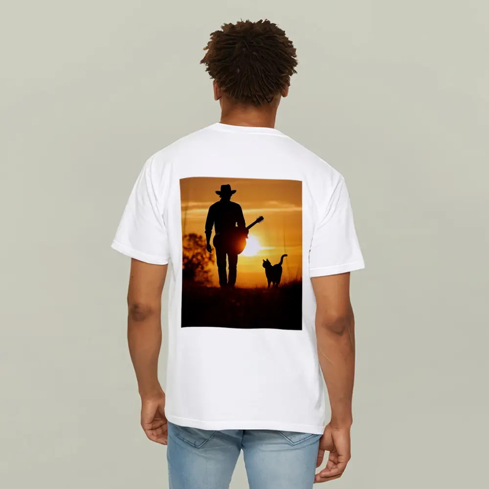 Cowboy Silhouette Guitar Cat Sunset Field – T-Shirts