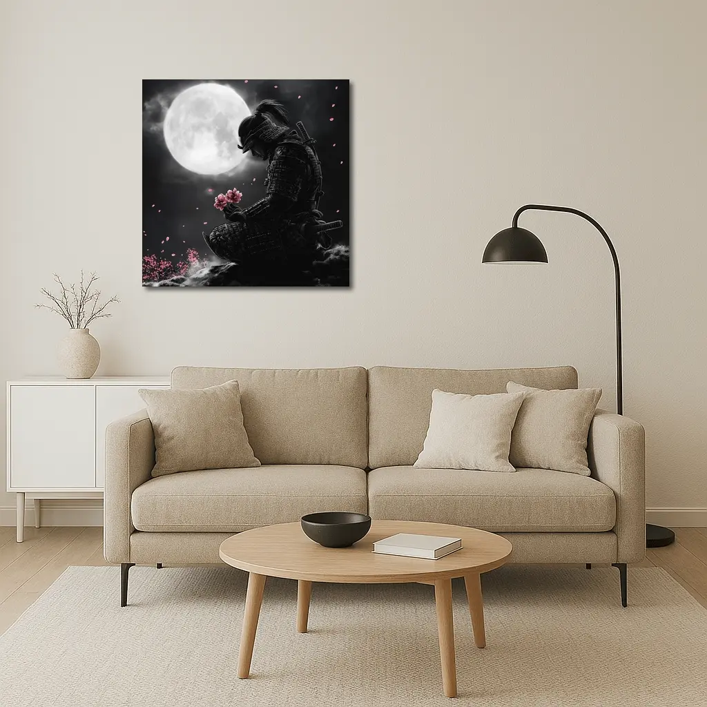 Samurai Kneeling Moon Cherry Blossom Night – Wall Art