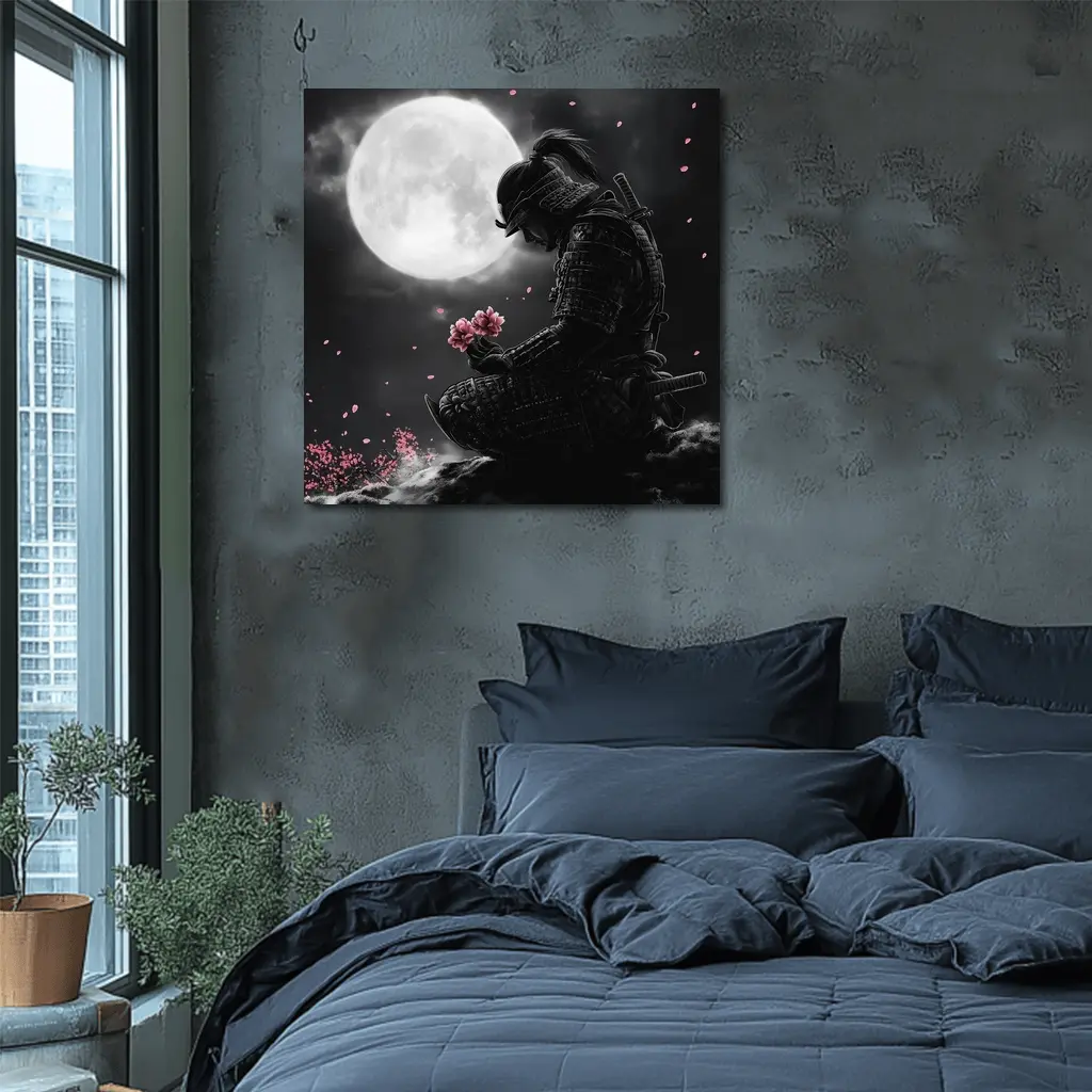 Samurai Kneeling Moon Cherry Blossom Night – Wall Art