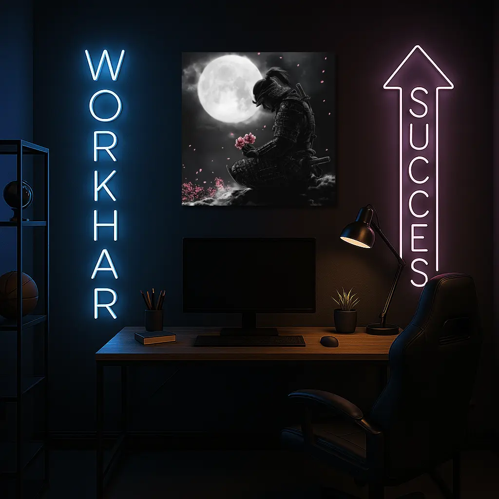 Samurai Kneeling Moon Cherry Blossom Night – Wall Art