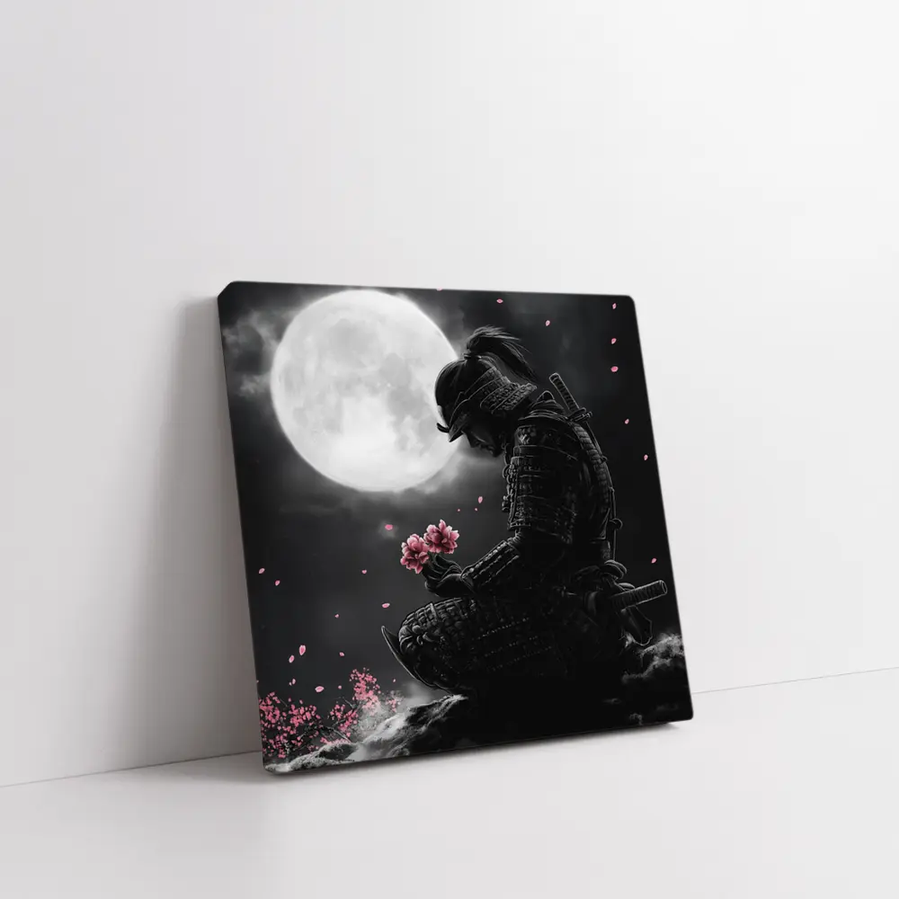 Samurai Kneeling Moon Cherry Blossom Night – Wall Art
