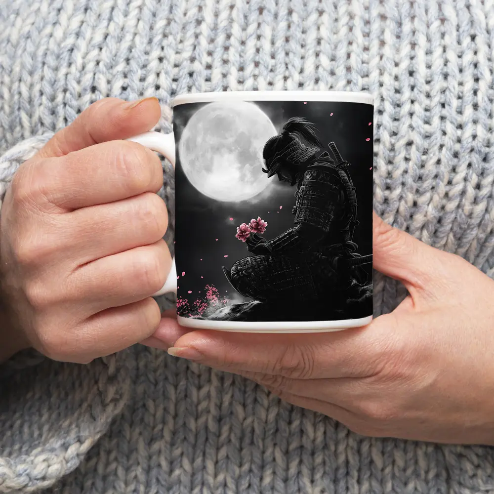 Samurai Kneeling Moon Cherry Blossom Night – Mugs
