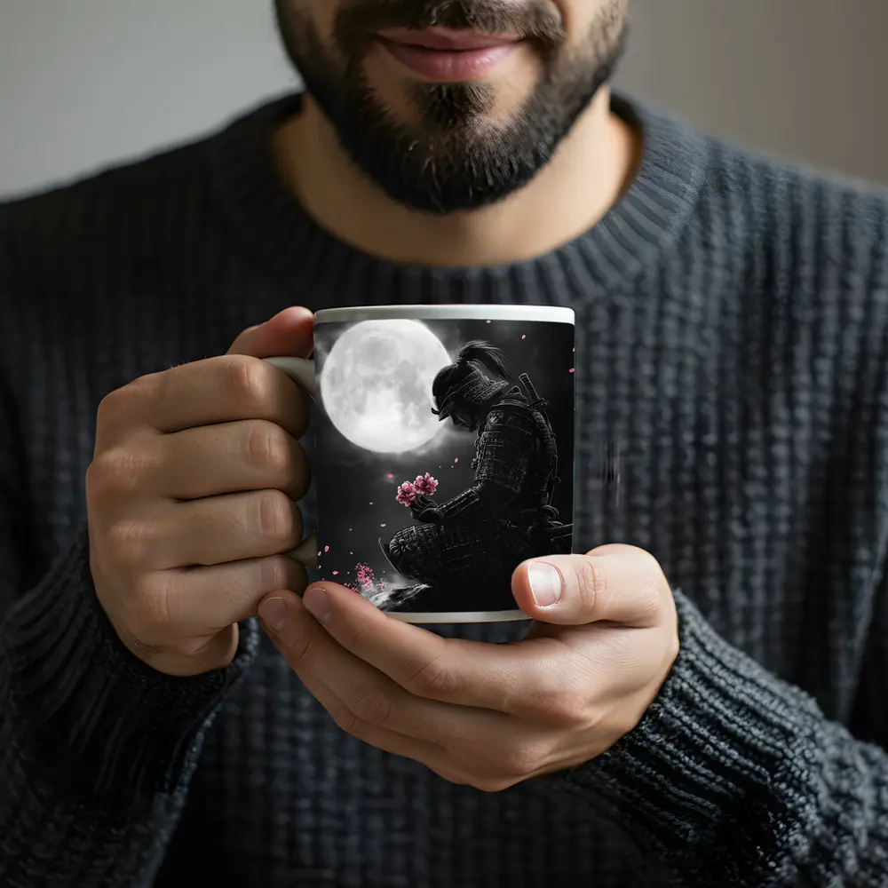Samurai Kneeling Moon Cherry Blossom Night – Mugs