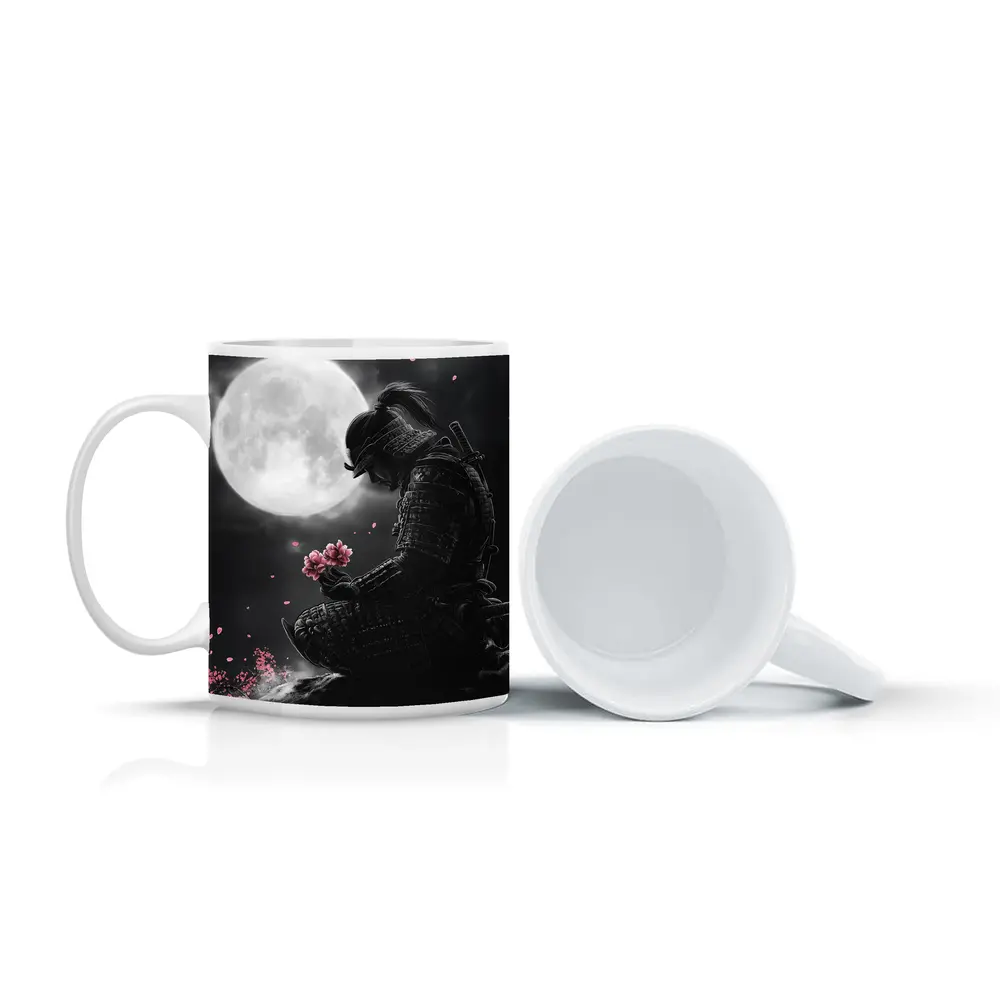 Samurai Kneeling Moon Cherry Blossom Night – Mugs