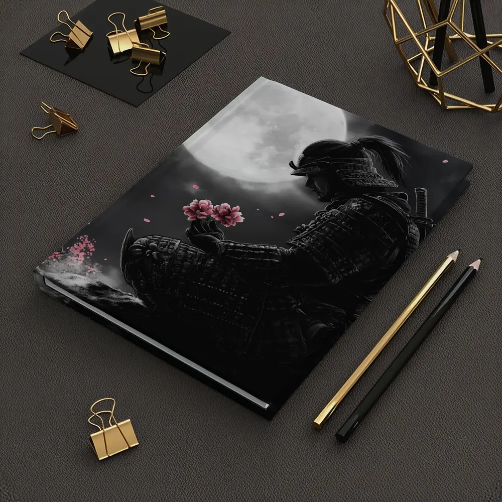 Samurai Kneeling Moon Cherry Blossom Night – Notebooks