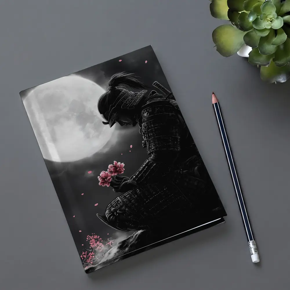 Samurai Kneeling Moon Cherry Blossom Night – Notebooks