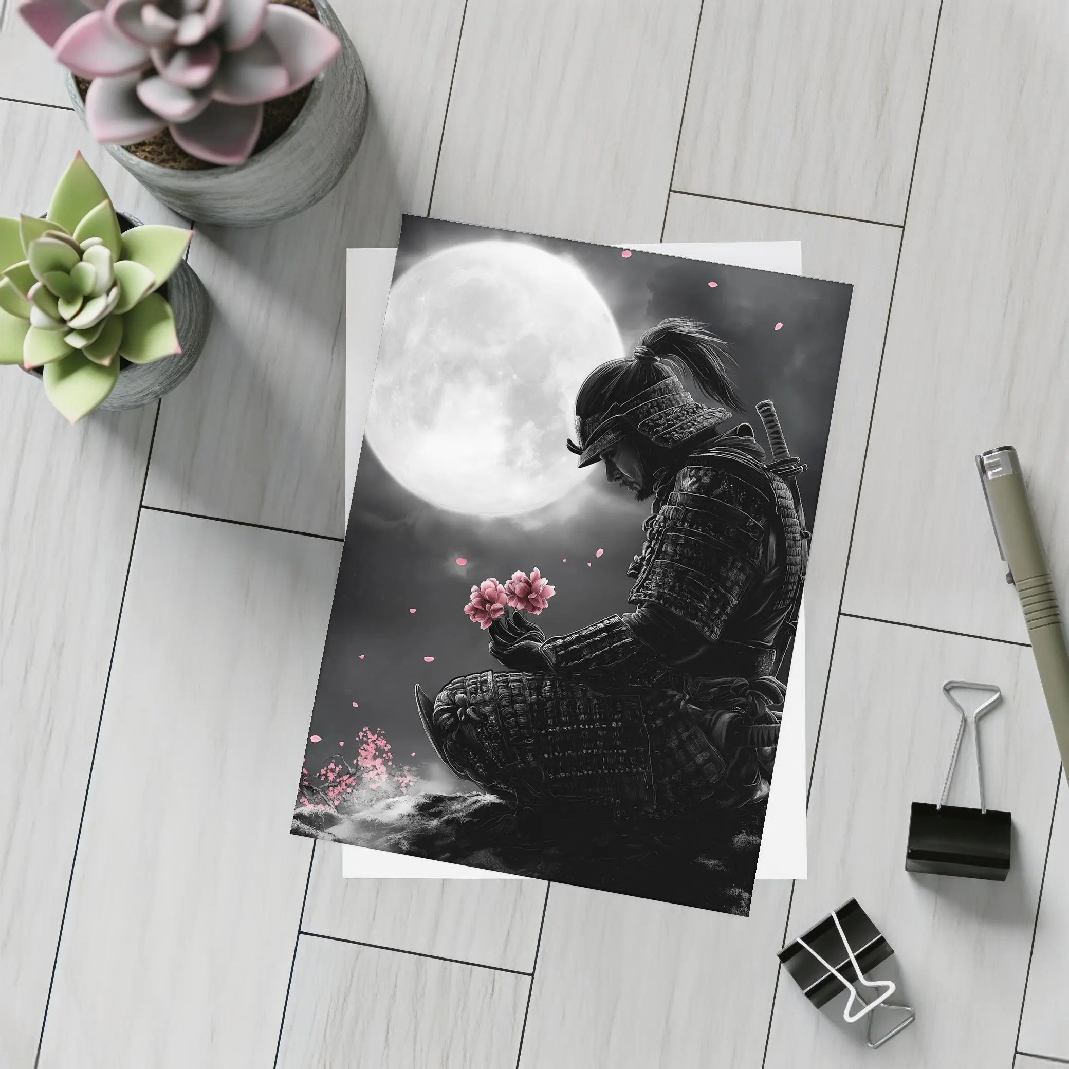Samurai Kneeling Moon Cherry Blossom Night – Postcards