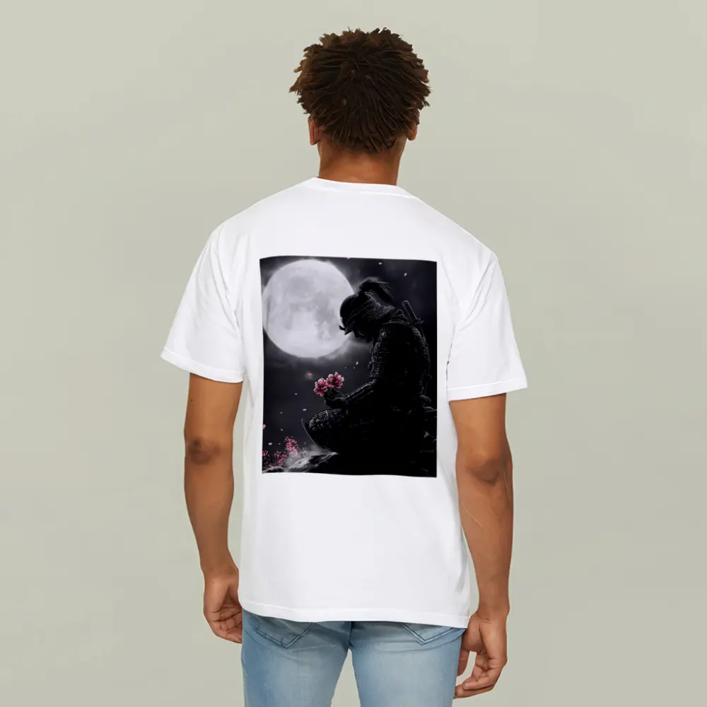 Samurai Kneeling Moon Cherry Blossom Night – T-Shirts