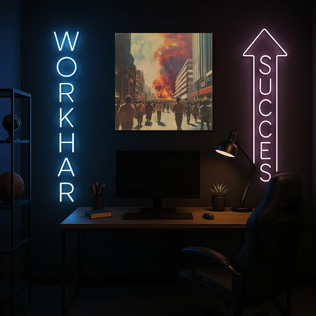 Crowd Walking Toward City Fire Explosion – Wall Art